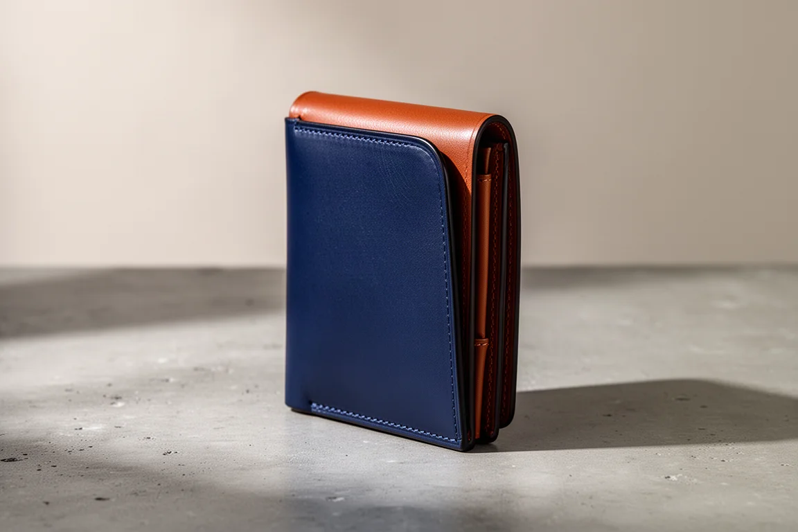 Sapphire blue stitchless leather wallet with cognac flap on concrete surface