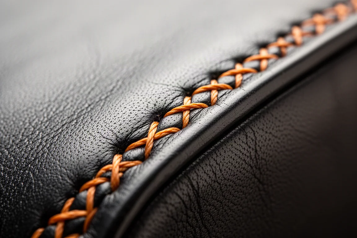 Close-up de couro full grain preto com textura visível e costura cruzada laranja