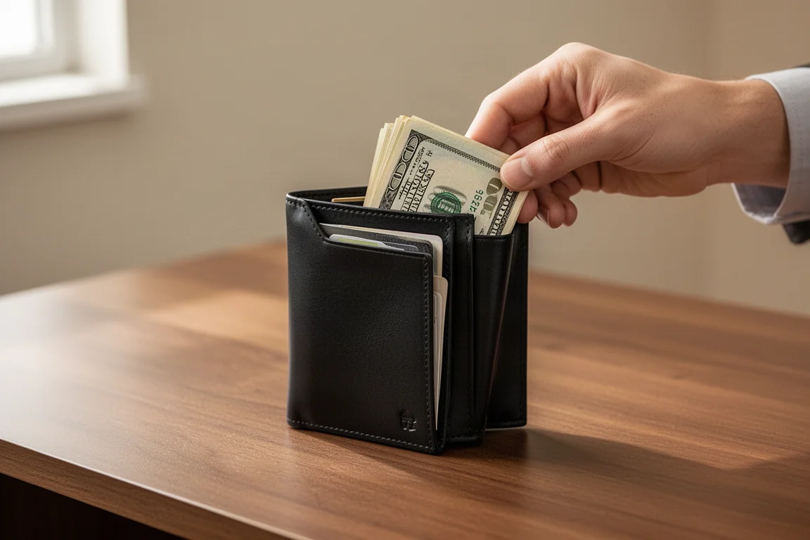 Mão puxando notas dobradas do bolso lateral de dinheiro de uma carteira vertical slim