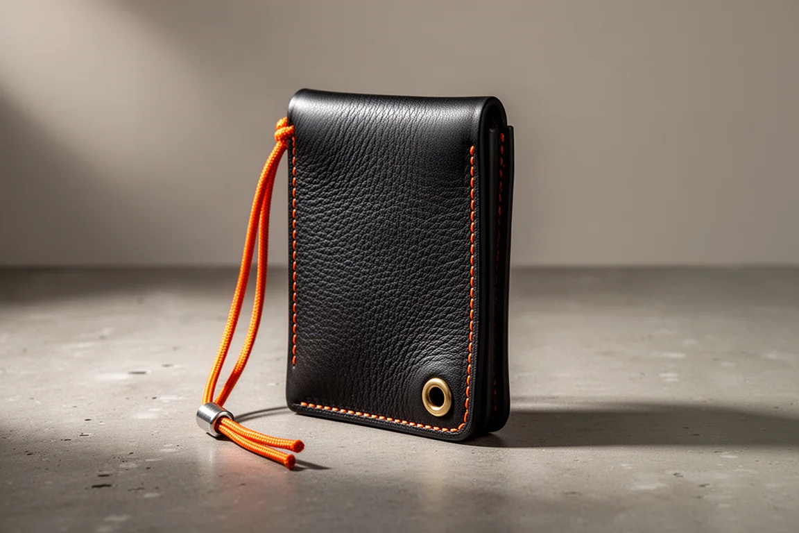 Slim black leather wallet with orange stitching and paracord lanyard on concrete surface
