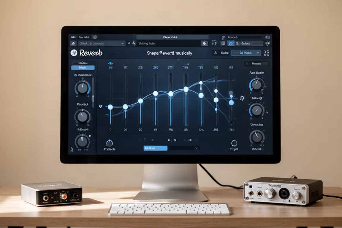 現代音樂製作工作室桌面,配備DAW顯示器、MIDI鍵盤和錄音室監聽喇叭