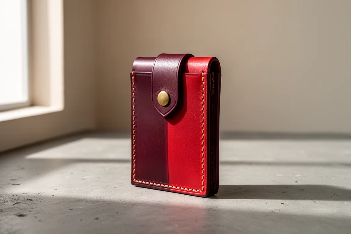 Vertical leather wallet with brass snap flap on a concrete surface