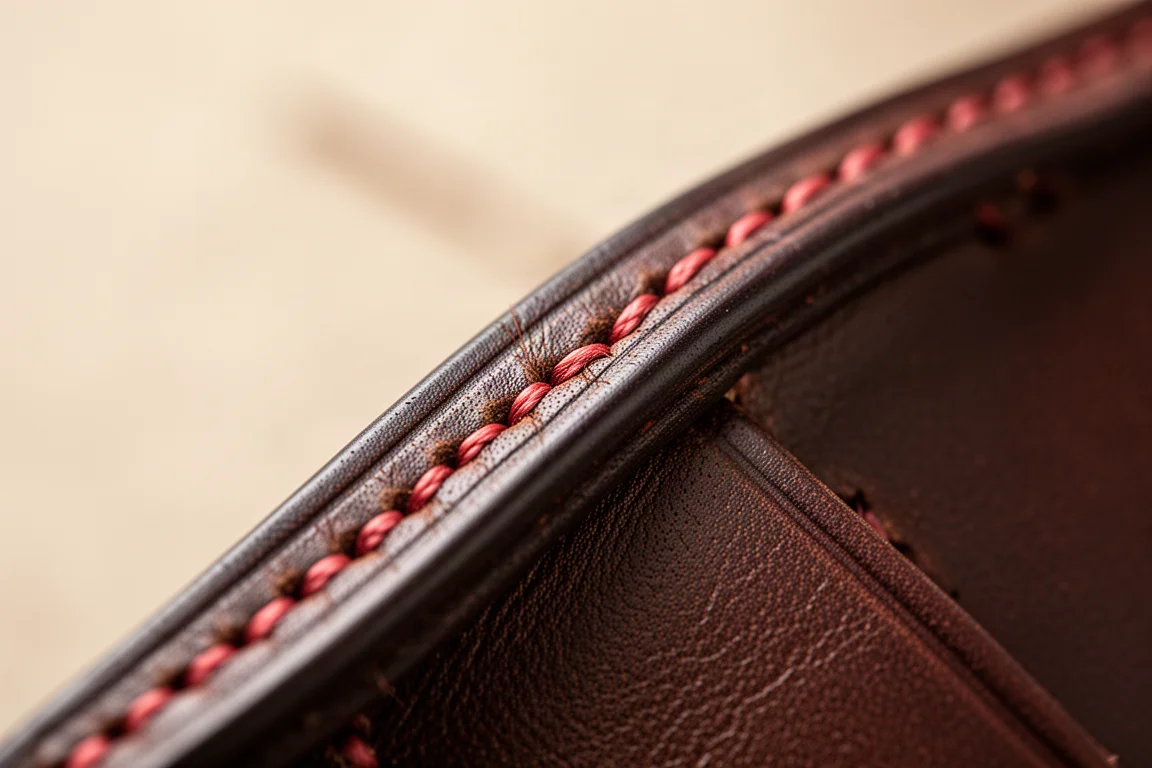 Close-up of hand stitching along the edge of a dark brown leather wallet