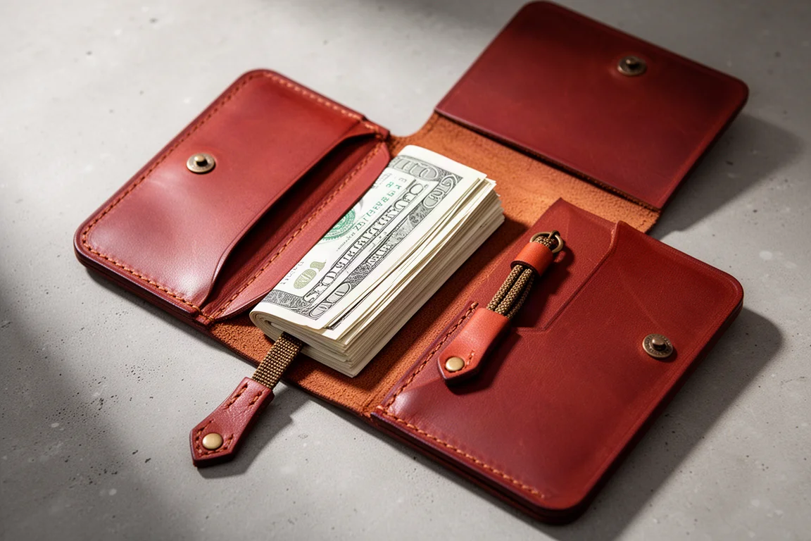 Wallet flap opened to reveal an internal stash pocket with bills