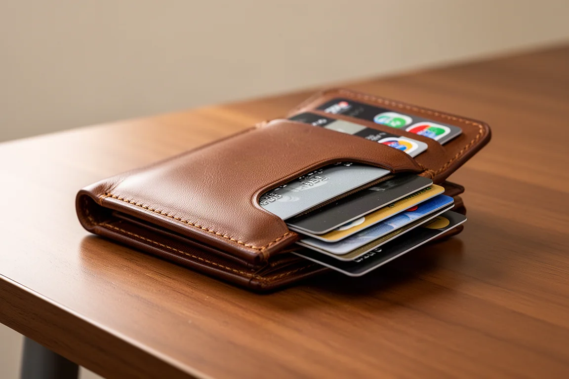 Fan of cards being drawn from the quick access back pocket of a wallet