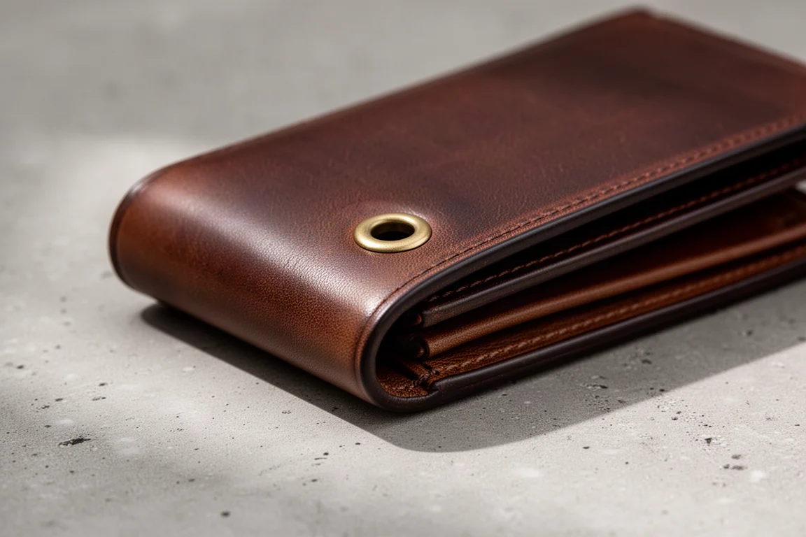 Leather wallet closed with brass grommet snap on a concrete surface