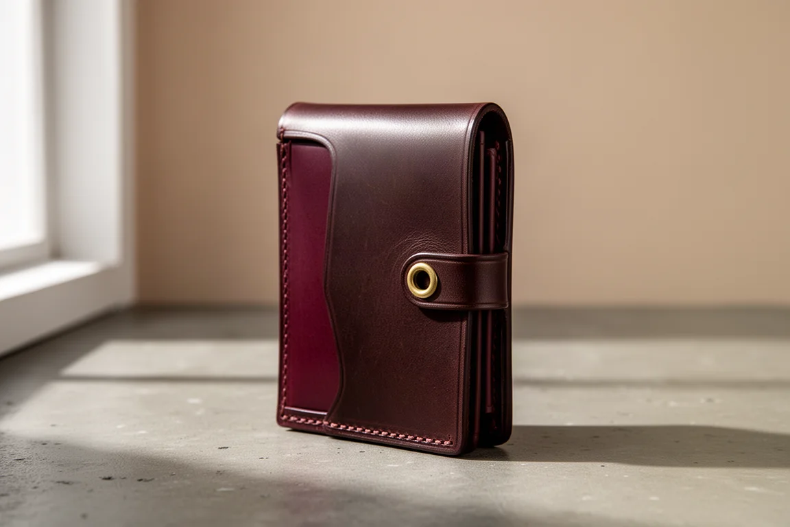 Dark brown handmade leather flap wallet with brass grommet snap on concrete surface