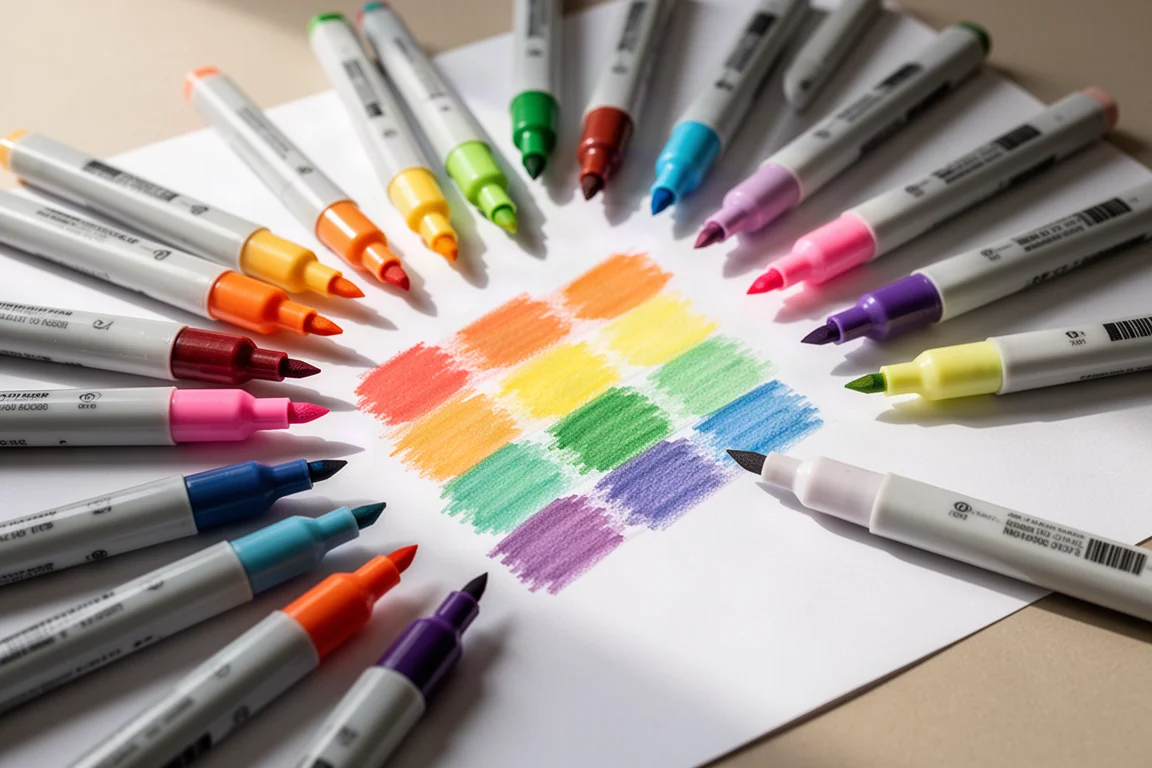數十支雙頭 marker 鋪開在平滑紙面上試色
