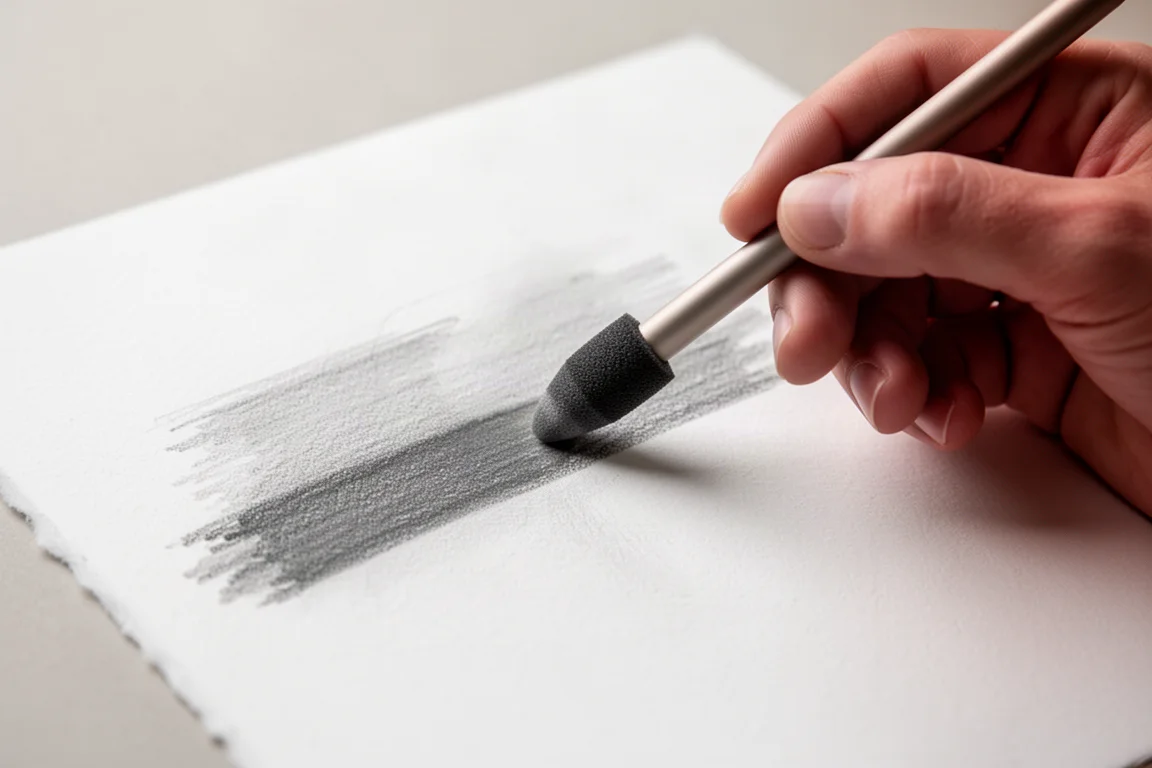 藝術家用海綿擦筆棒把鉛筆素描暈開