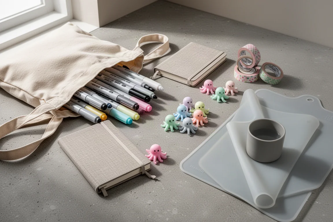 Composizione flat-lay di forniture artistiche a basso costo con pennarelli, taccuino da schizzo, evidenziatori e washi tape