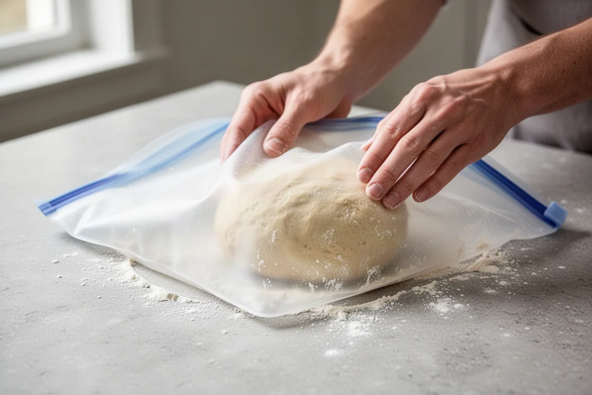 Hands kneading dough inside a translucent silicone bag on a clean countertop