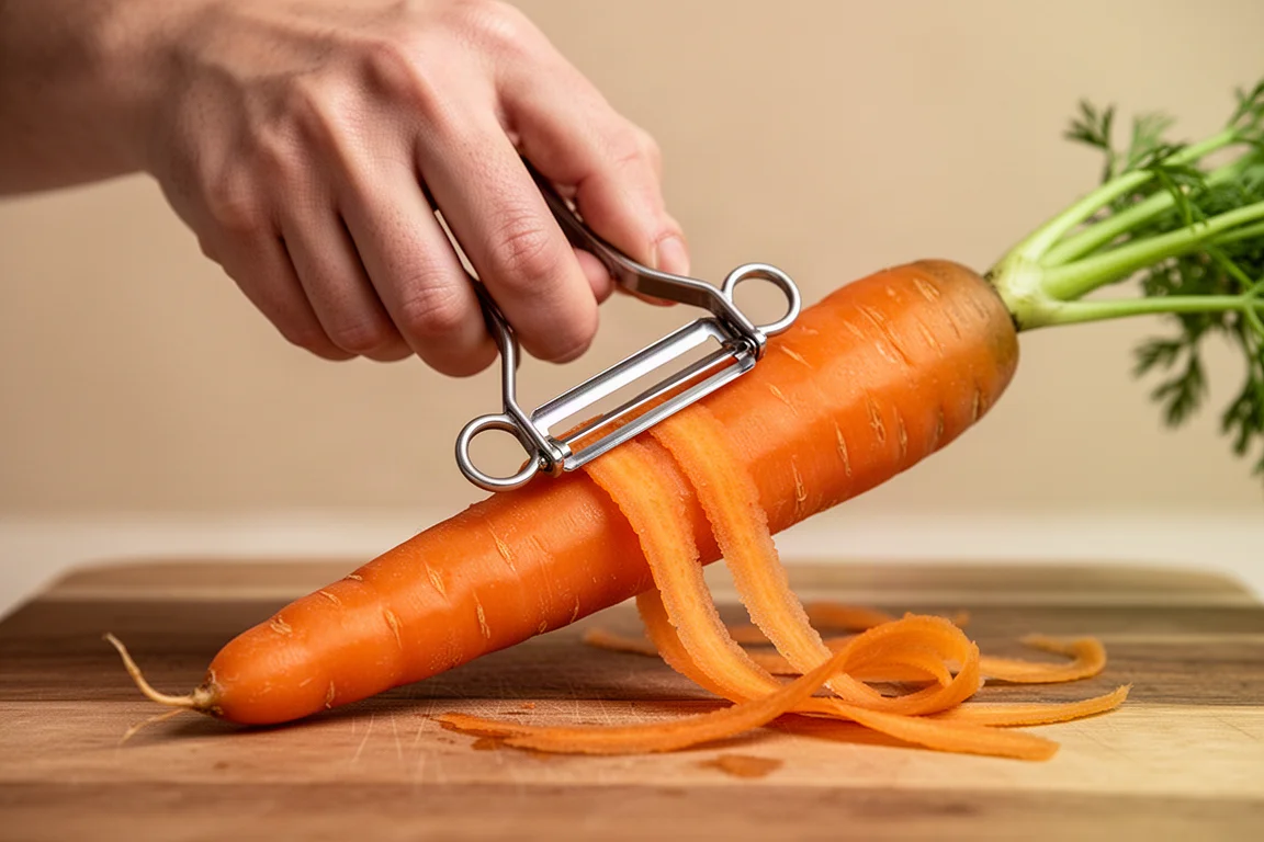 A stainless steel palm peeler being used to peel a long carrot