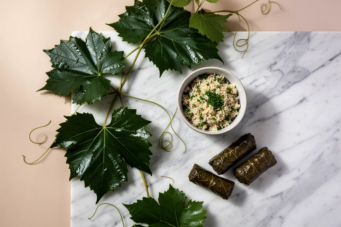 Vine leaves and a rice filling laid out for rolling dolma by hand