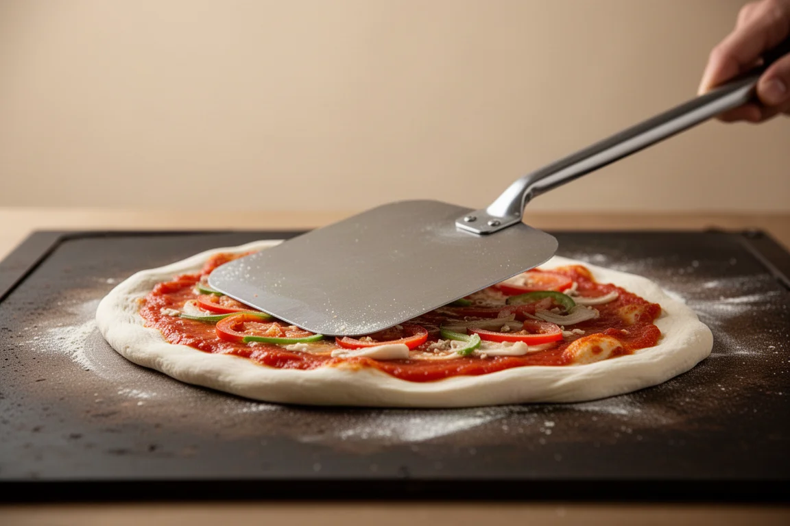 A thin sliding pizza peel transferring a raw pizza onto an oven surface