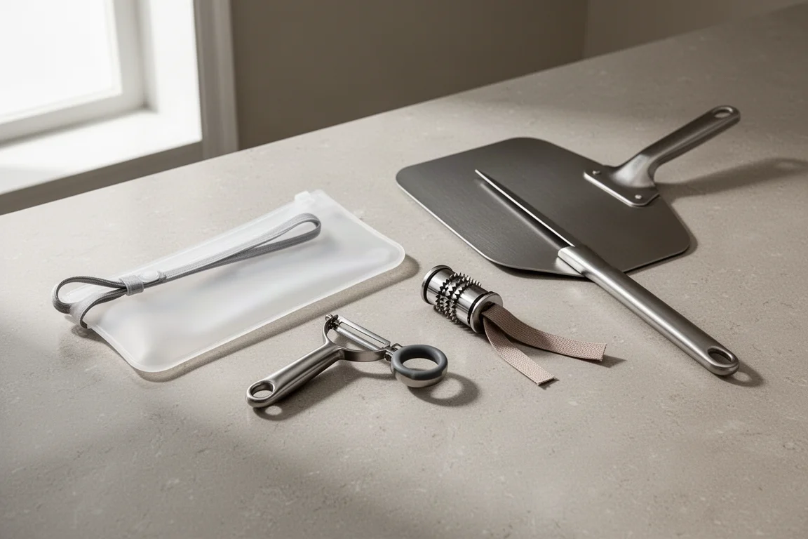 Four kitchen gadgets including a silicone bag, palm peeler, roller, and pizza peel on a stone countertop