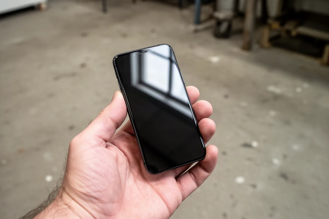 Un smartphone très minuscule posé dans une main adulte ouverte pour donner l'échelle