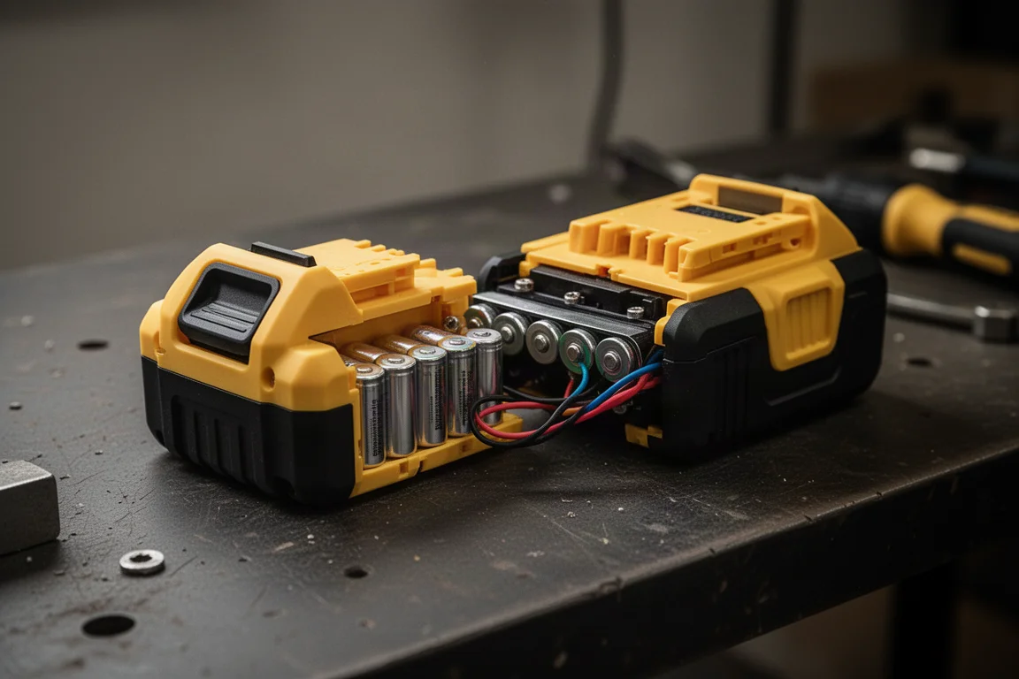 Batterie d'outil électrique jaune et noire ouverte pour exposer la disposition de ses cellules internes