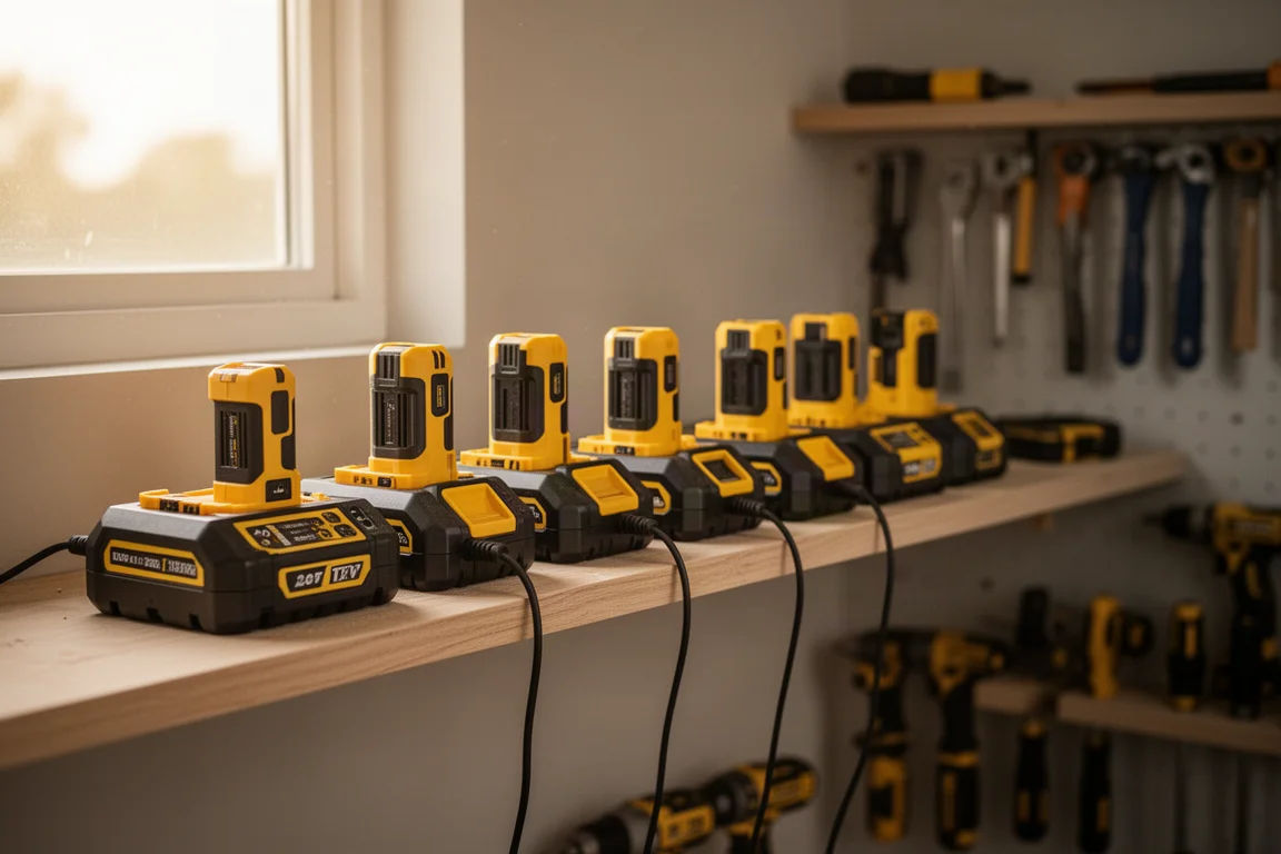 Mur d'atelier avec des batteries d'outils de marque correctement chargées sur une étagère de charge
