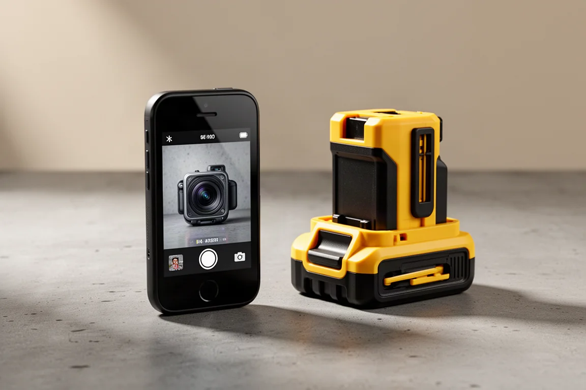 Uno smartphone minuscolo e un pacco batteria giallo e nero per utensili elettrici su una superficie di cemento