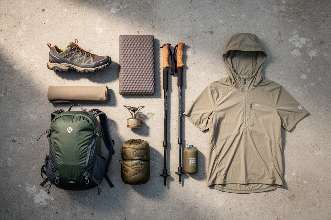 Flat-Lay einer Ultraleicht-Trekkingausrüstung mit Trailrunner, Schaumstoffmatte, Trekkingstock und Kocher