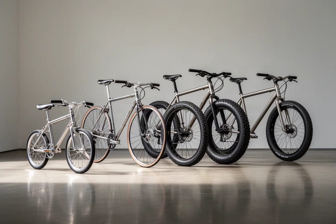 Four hand-built bicycles including small-wheel, steel, mountain and titanium models in a gallery space