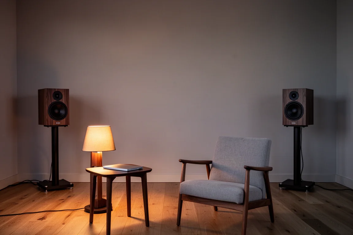 Salle d'écoute deux canaux au crépuscule avec des enceintes compactes sur pieds et une lumière de lampe chaude