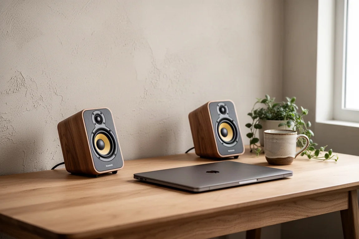 Installation audio compacte sur bureau avec de petites enceintes inclinées sur un bureau en chêne