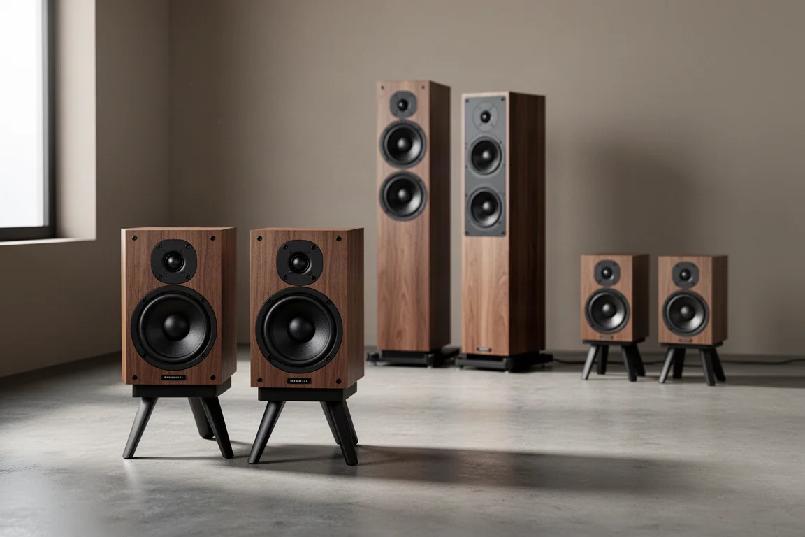 Group of bookshelf and floorstanding hi-fi speakers arranged in a listening room