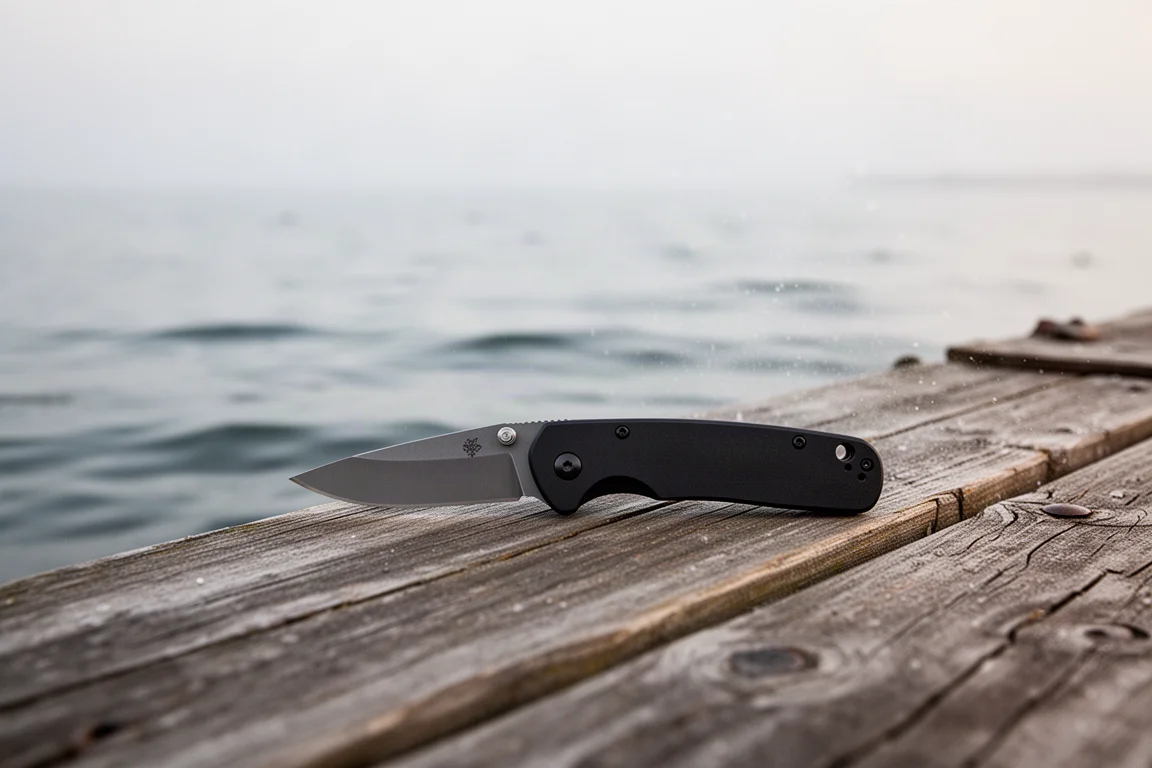 Compacte zakmes rustend op een houten steiger naast zeewater