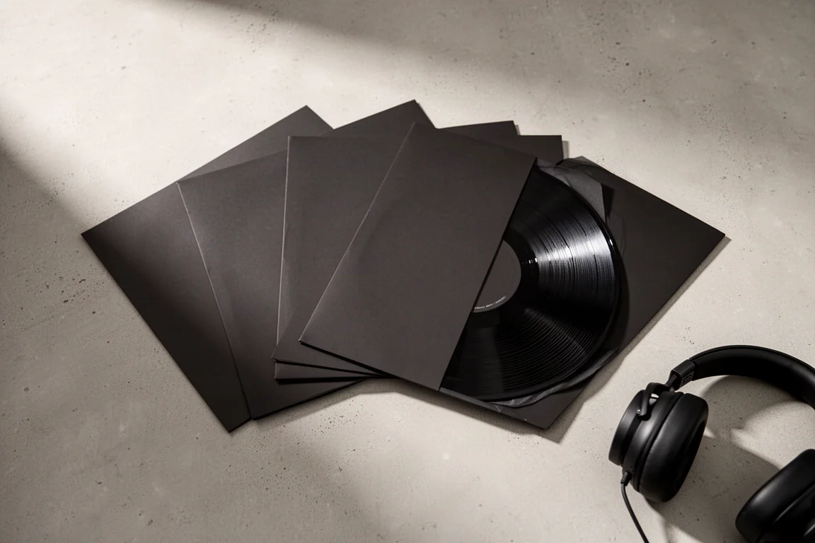 Flat lay of black vinyl records in plain sleeves with headphones on a concrete surface