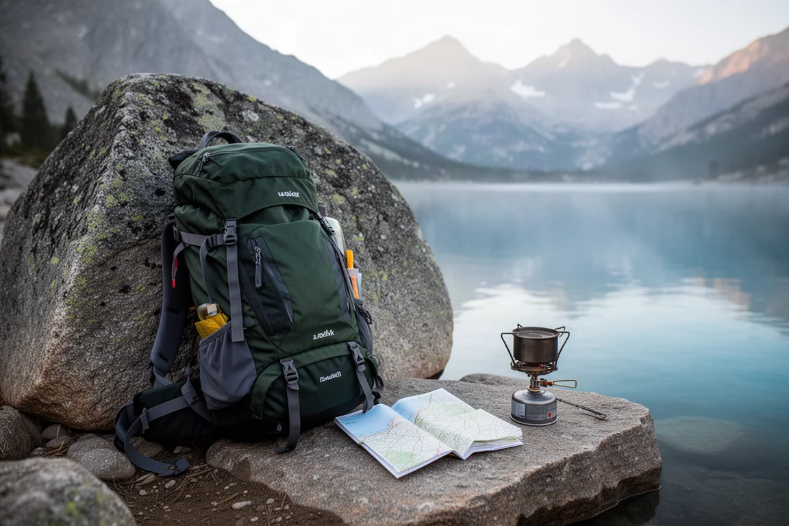 Mochila carregada apoiada numa rocha ao lado de um lago alpino de altitude