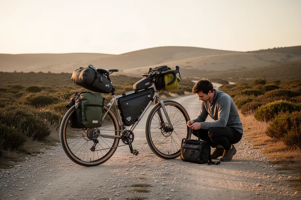 Bikepacker kniet neben einem beladenen Reiserad auf einem Schotterweg