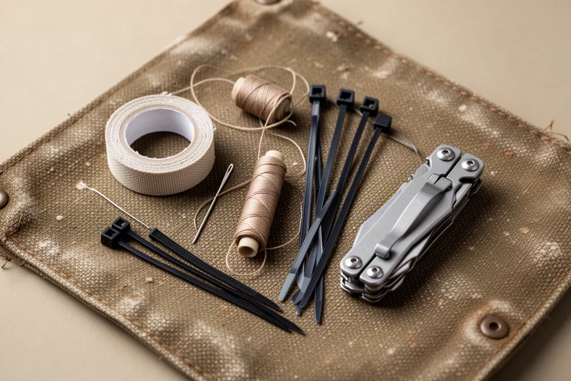 Reparaturset auf einem karierten Tuch ausgelegt, mit Klebeband sowie Nadel und Faden