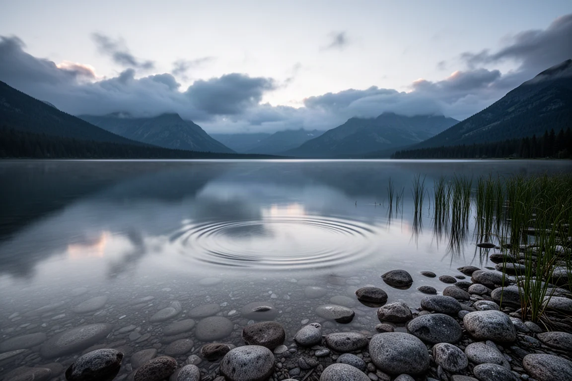 Orilla tranquila de un lago alpino al atardecer con aguas en calma que reflejan nubes bajas