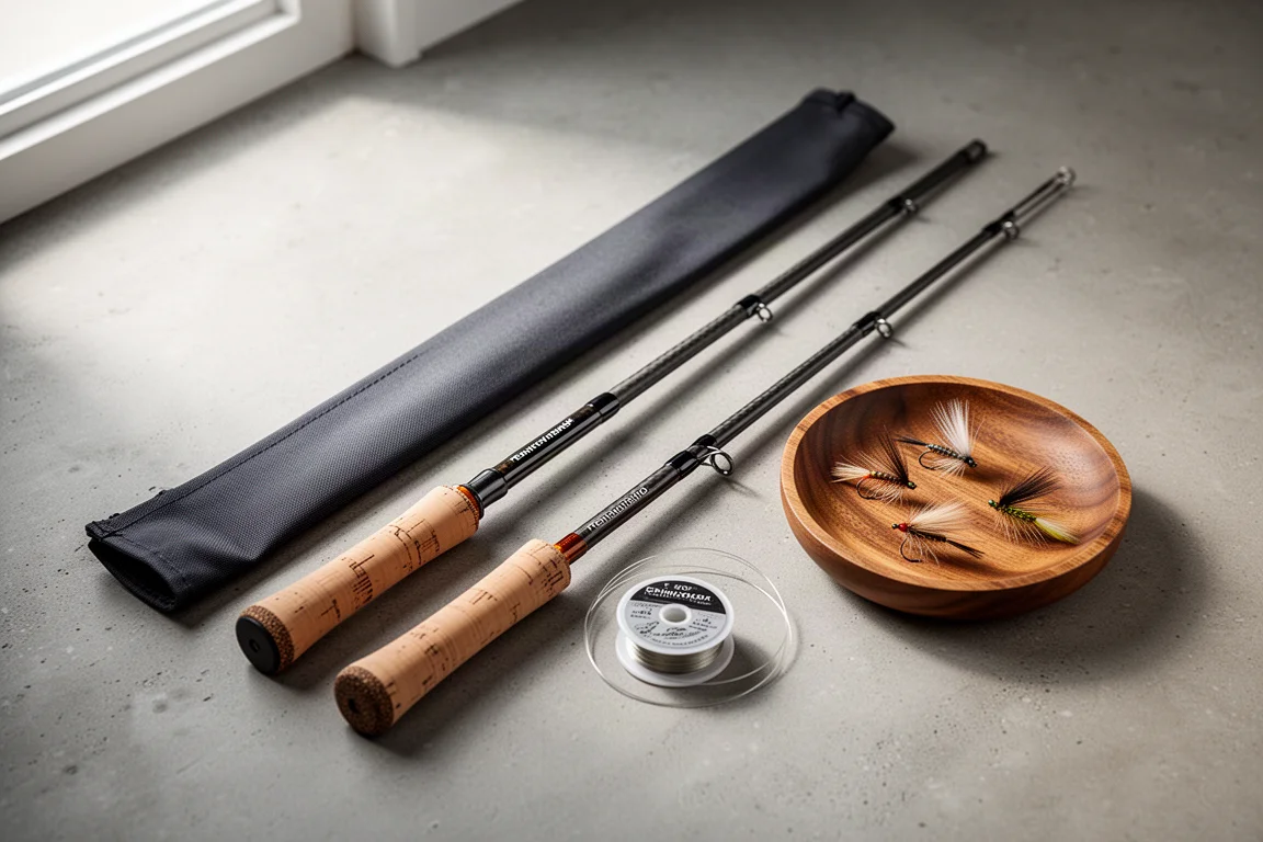 Two collapsible tenkara rods with line, sleeve, and flies on a concrete surface
