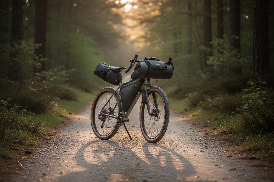 Lastad gravelcykel på en skogsstig i gyllene kvällsljus