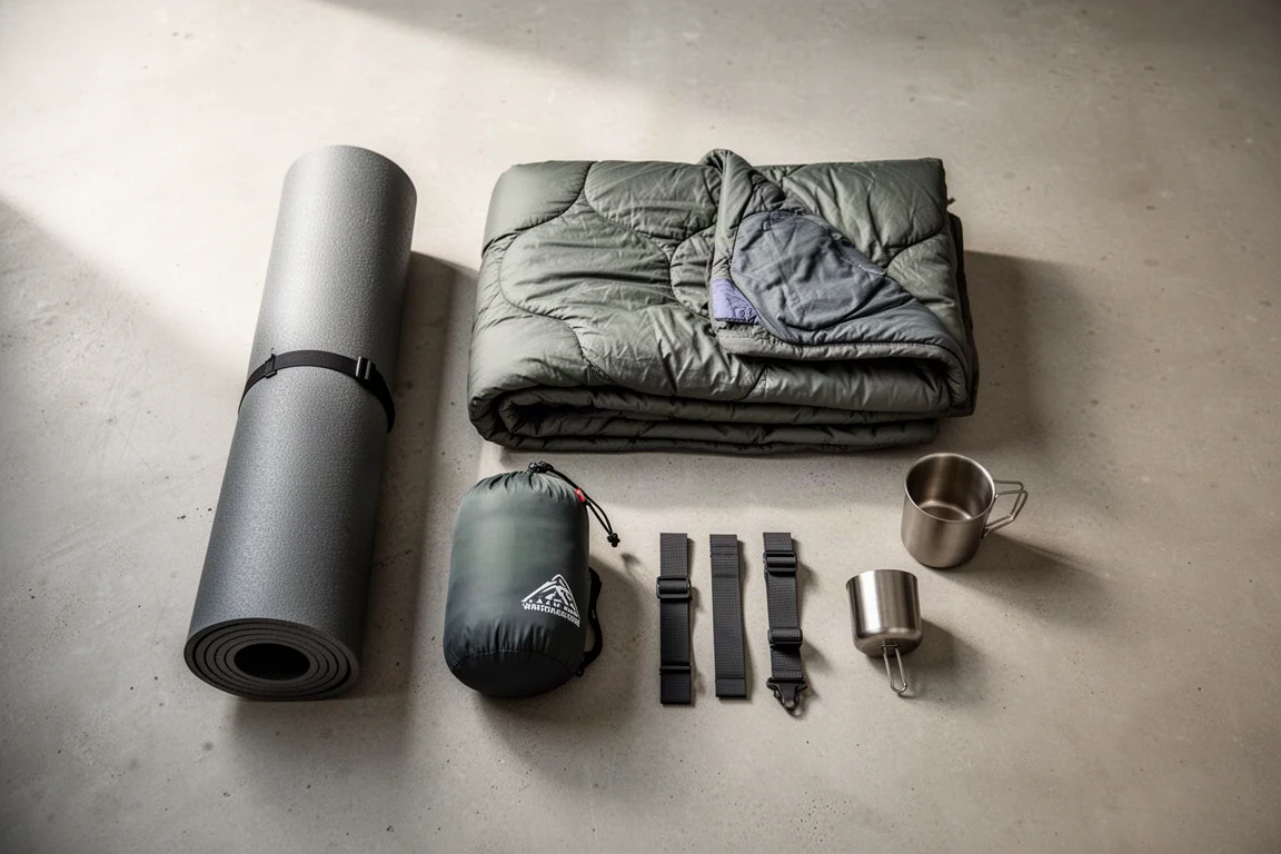 Flat-lay av sovutrustning för bikepacking på en betongyta