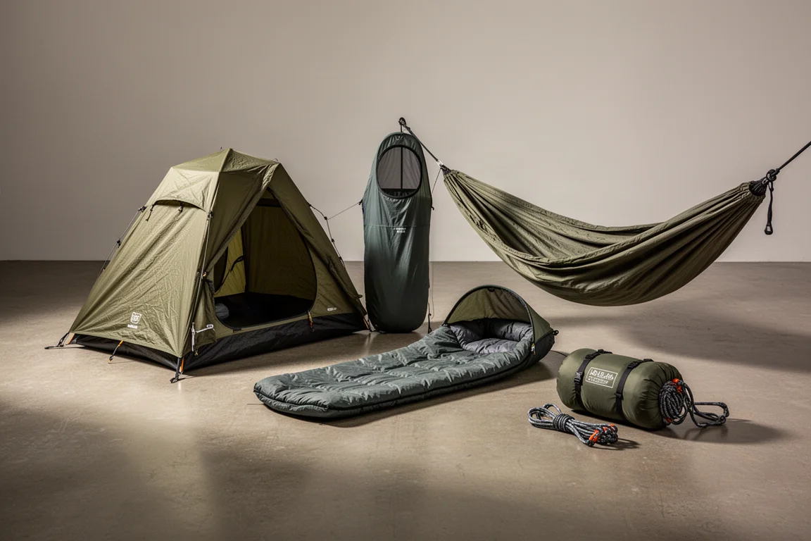 Lichtgewicht tent, bivakzak en hangmat naast elkaar op een betonnen vloer