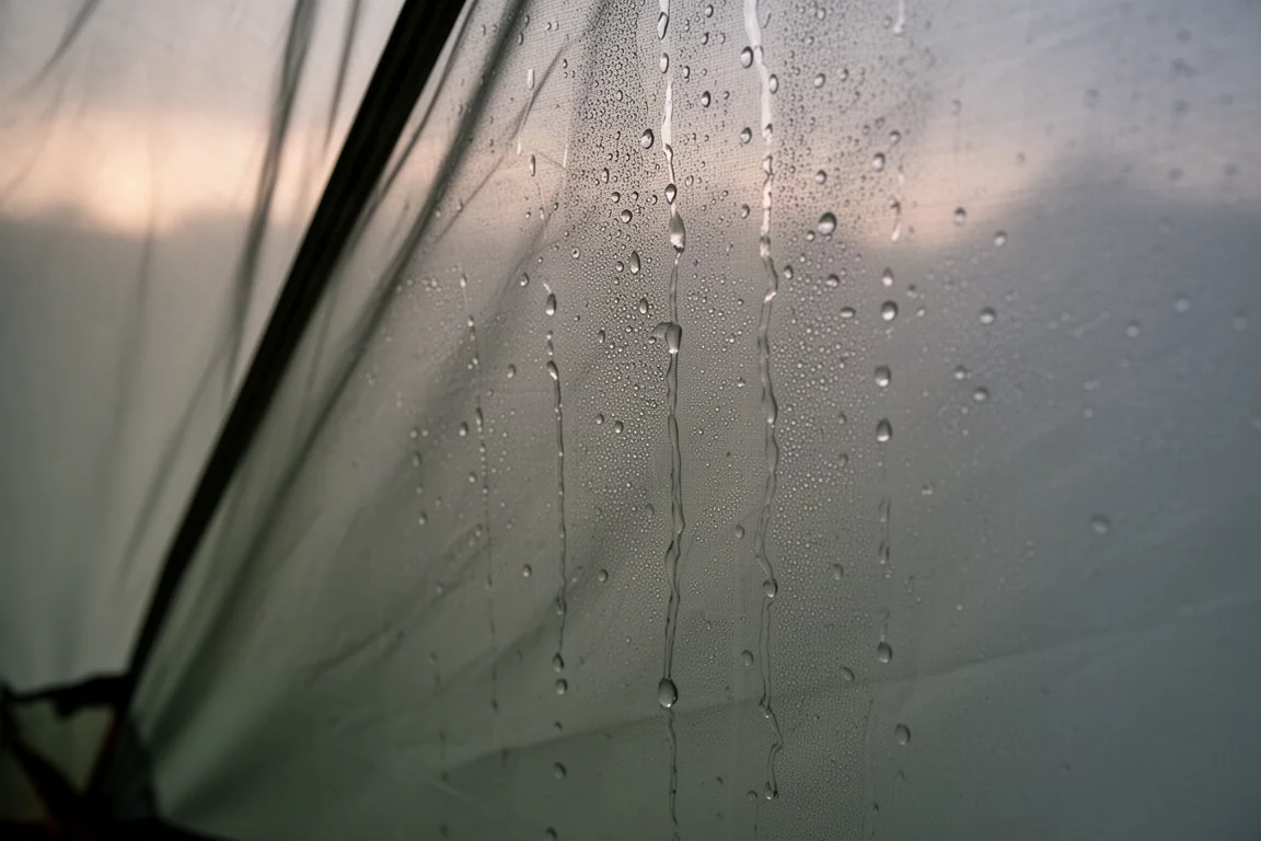 Goccioline di condensa che scendono lungo la parete interna di una tenda a parete singola