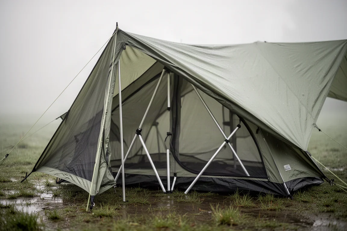 Tenda a doppia parete con il telo esterno sollevato che mostra il corpo interno in mesh e i pali