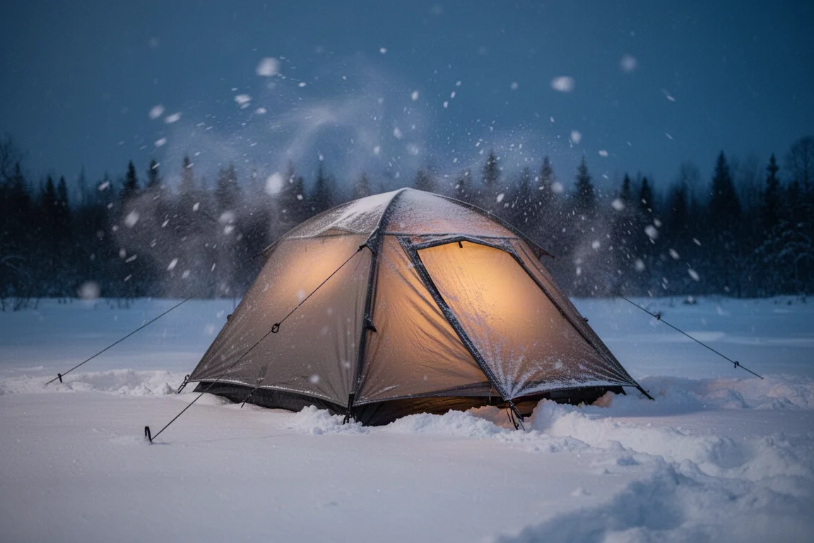 Tenda invernale a profilo basso montata sulla neve di notte con luce calda all'interno