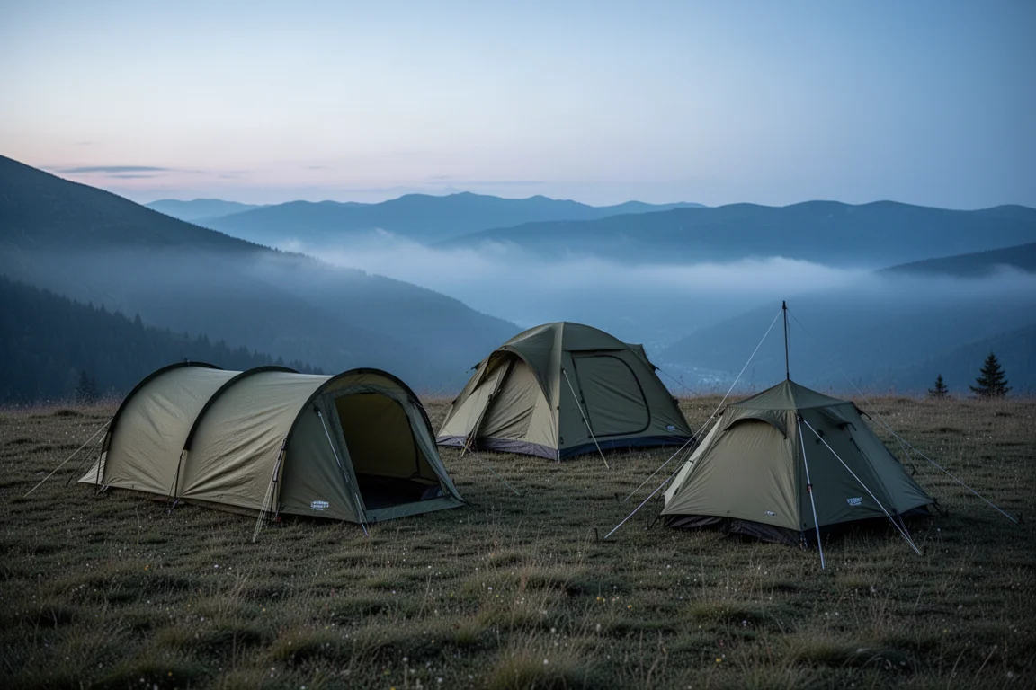夕暮れの山の草原に設営された、さまざまな形状のキャンプ用テント