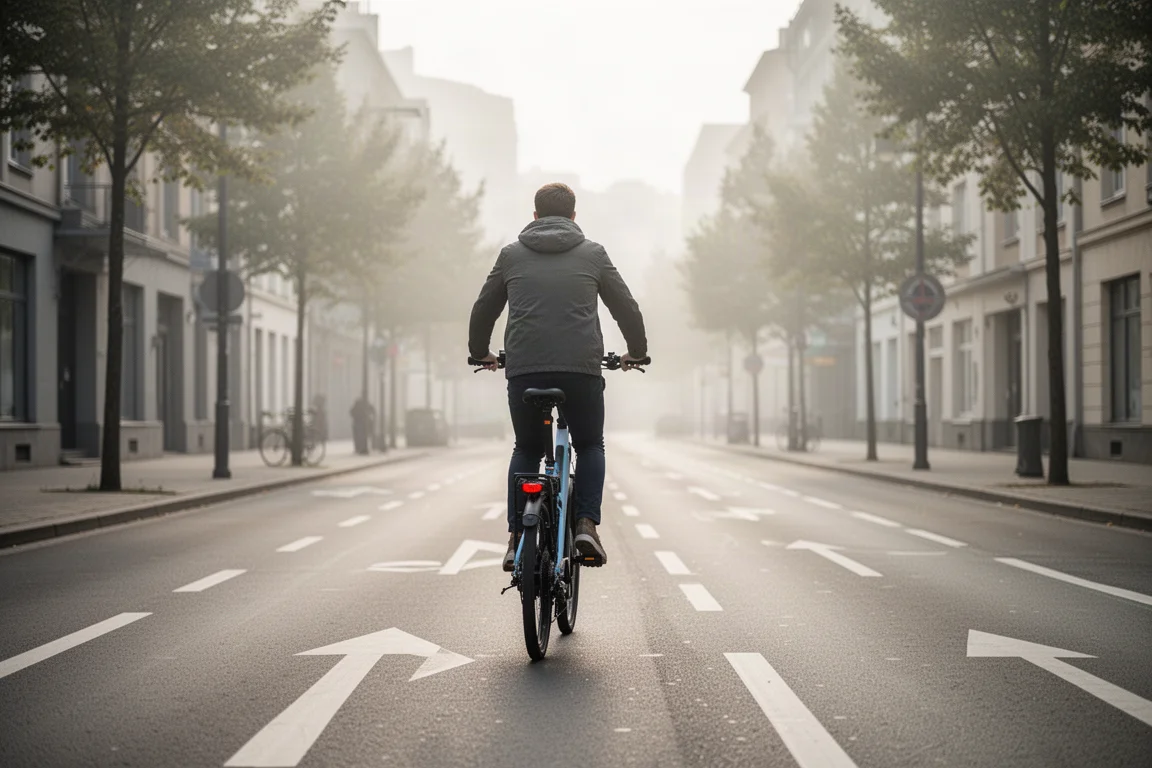 Ciclista montando una bicicleta eléctrica urbana por una calle de ciudad con luz suave de mañana
