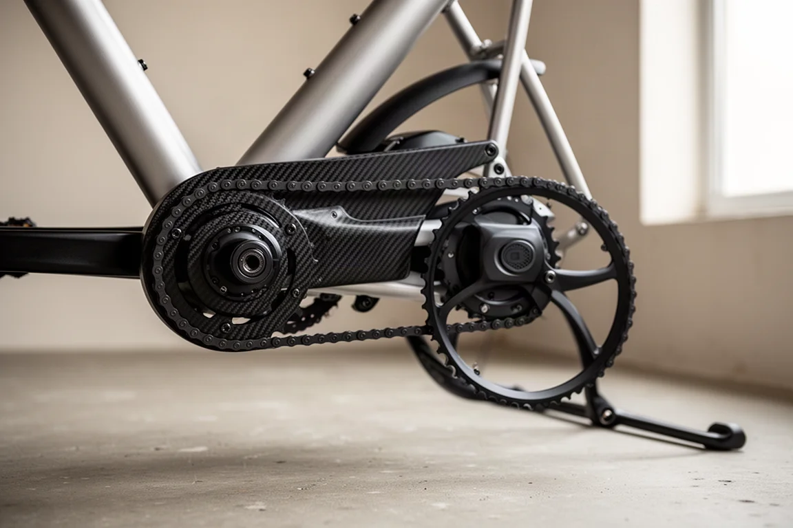 Primer plano de una correa de carbono y un motor de buje trasero en una bicicleta eléctrica