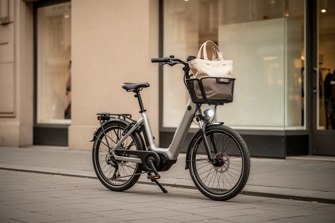 Bicicleta eléctrica urbana aparcada sobre la pata de cabra frente a una pequeña tienda