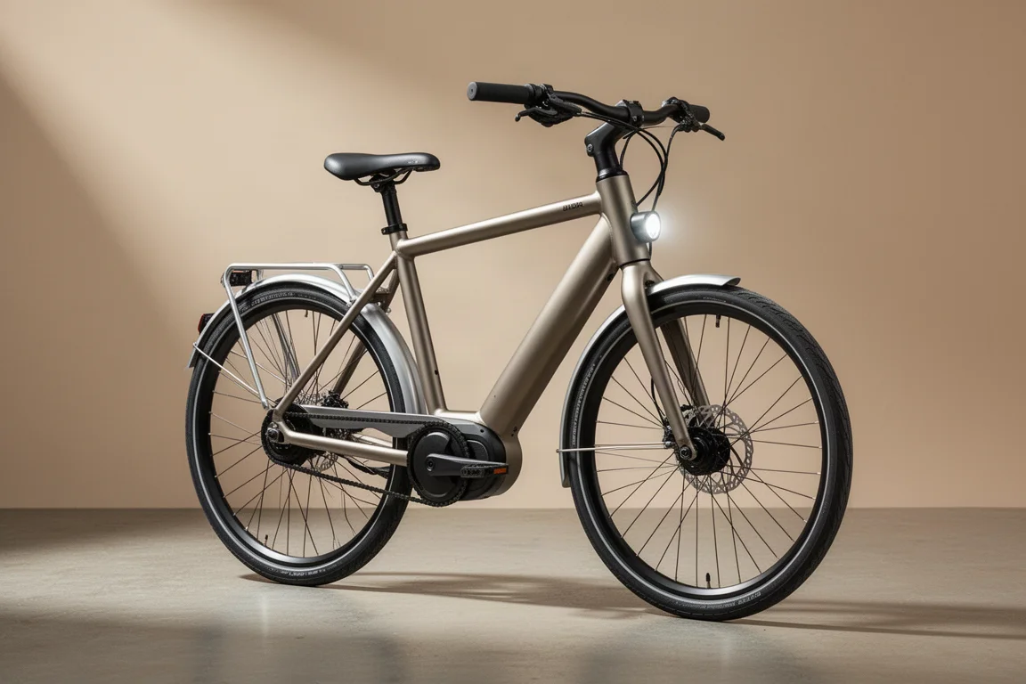 コンクリート上に置かれた、ベルトドライブと泥除けを備えたTenways CGO 600 Pro電動シティバイク