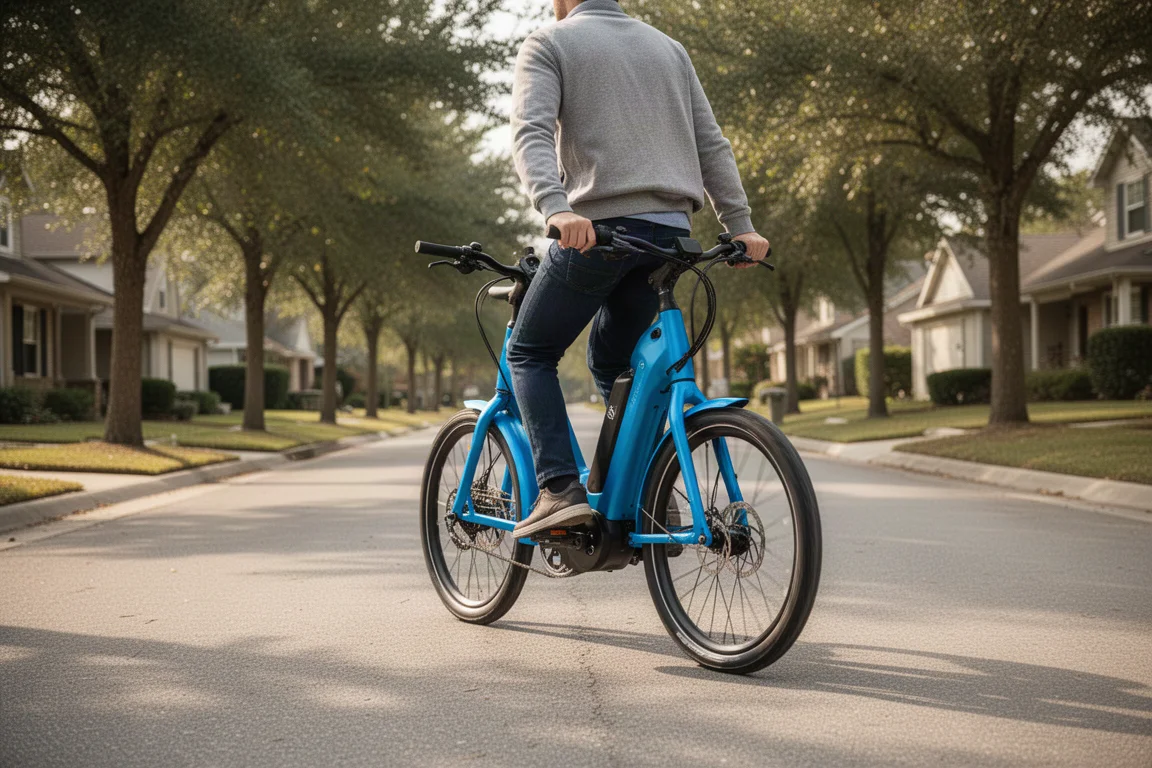 Ciclista su una bici elettrica blu zaffiro lungo una tranquilla strada suburbana