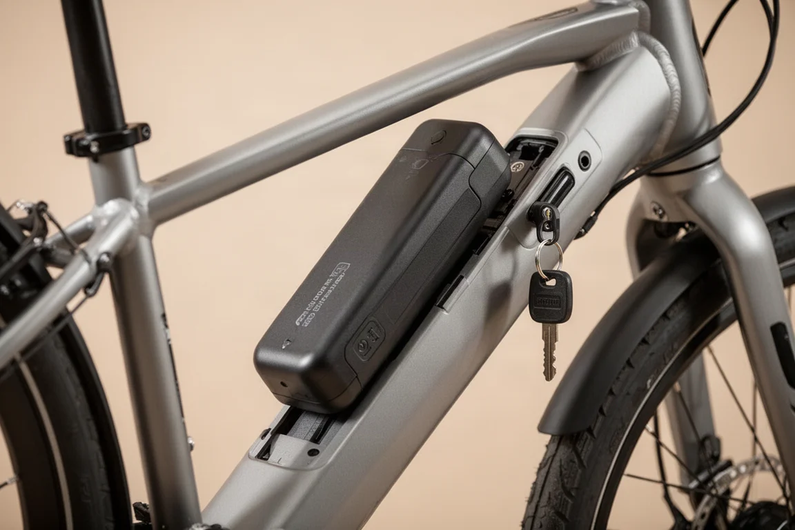 Primo piano del pacco batteria integrato rimosso dal tubo obliquo con una chiave
