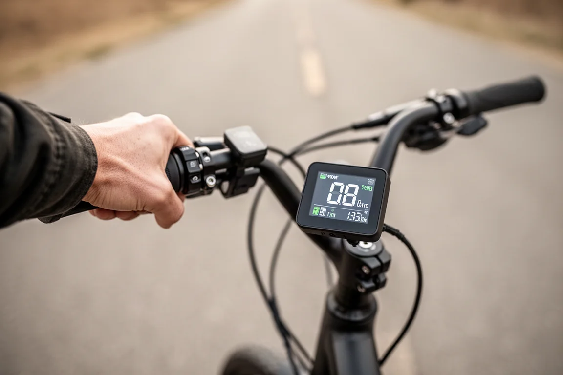 Mano del ciclista sul manubrio con un display compatto che mostra velocità e livello della batteria