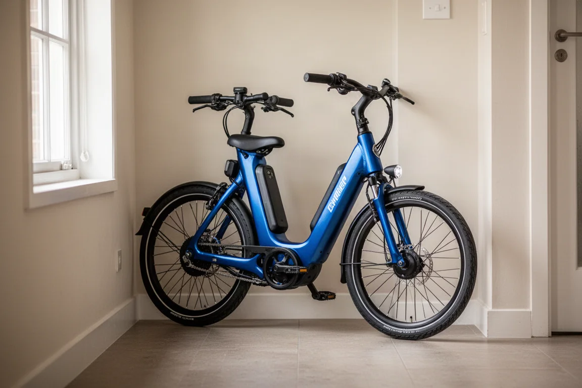 Bici elettrica appoggiata a una parete in un luminoso corridoio di un appartamento
